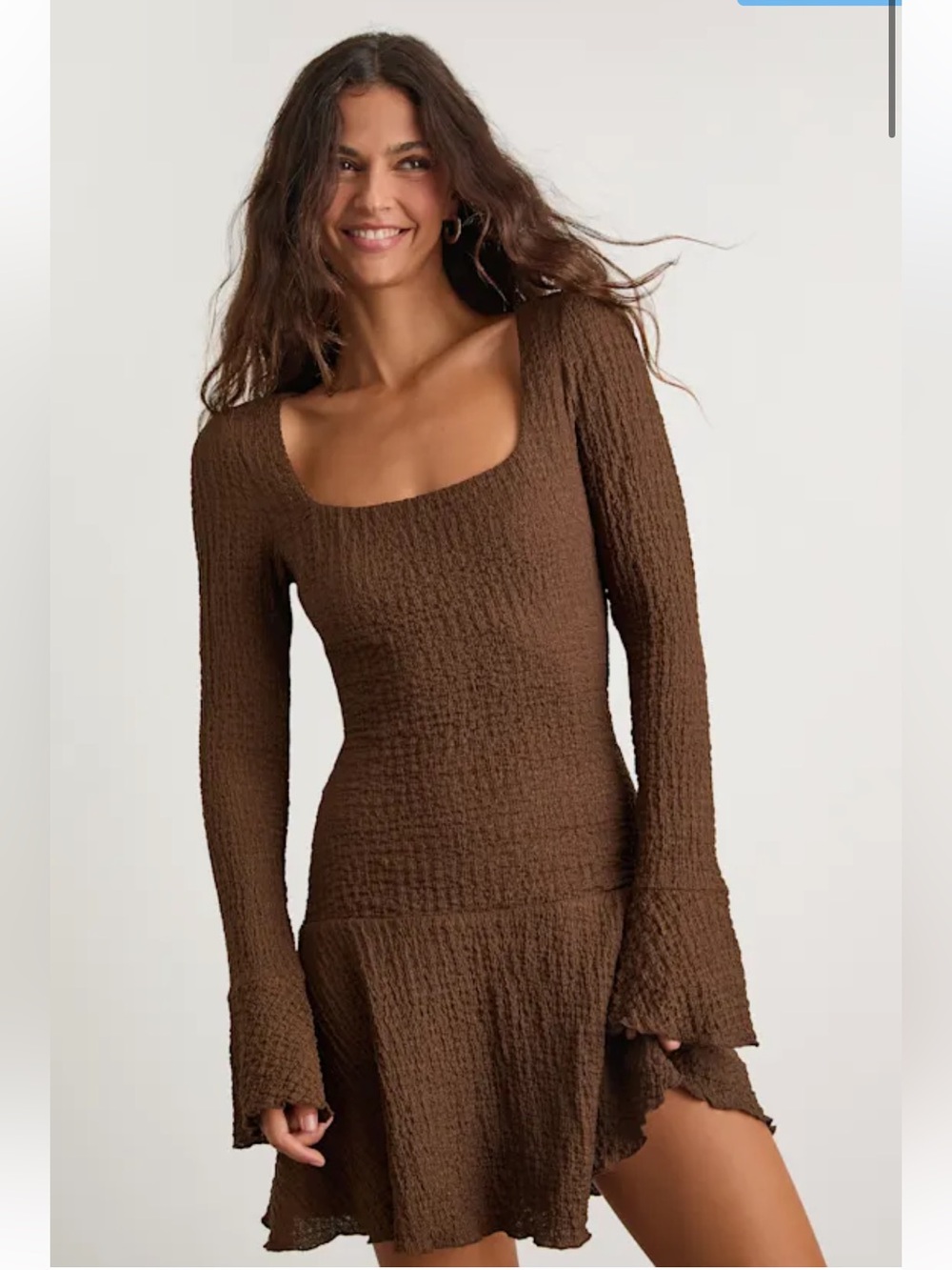 Lulu's Chocolate Brown Textured Long-Sleeve Scoop Neck Dress